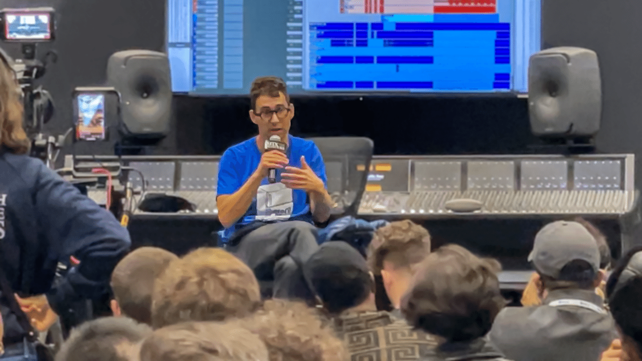 Photo of Jack Antonoff as he offers advice on the Mix with the Masters stage at the 2022 AES Show 