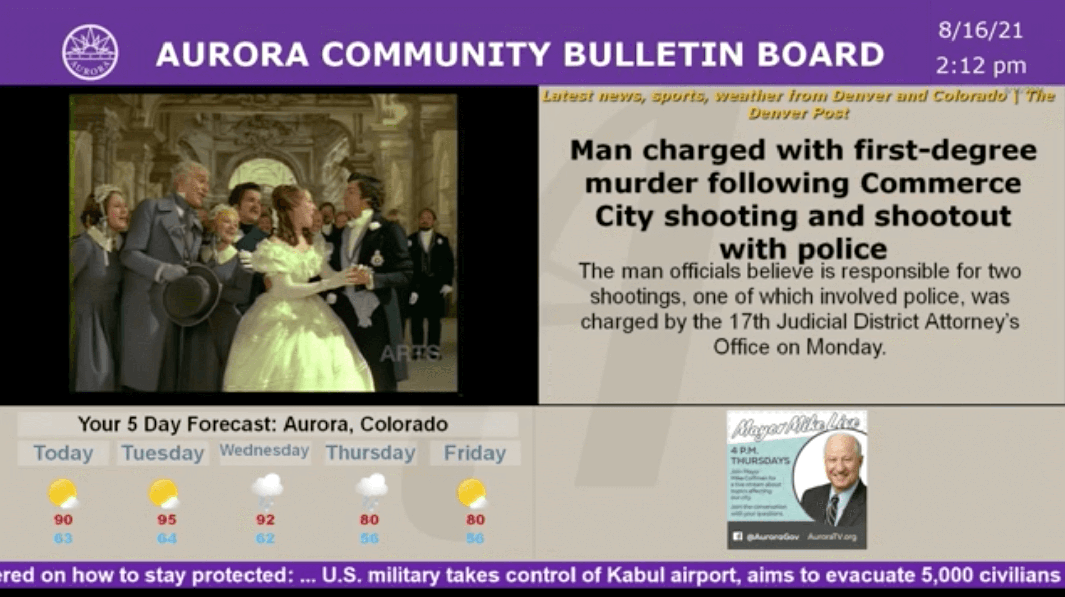 Screen shot of Aurora TV Cablecast CG Bulletin Board