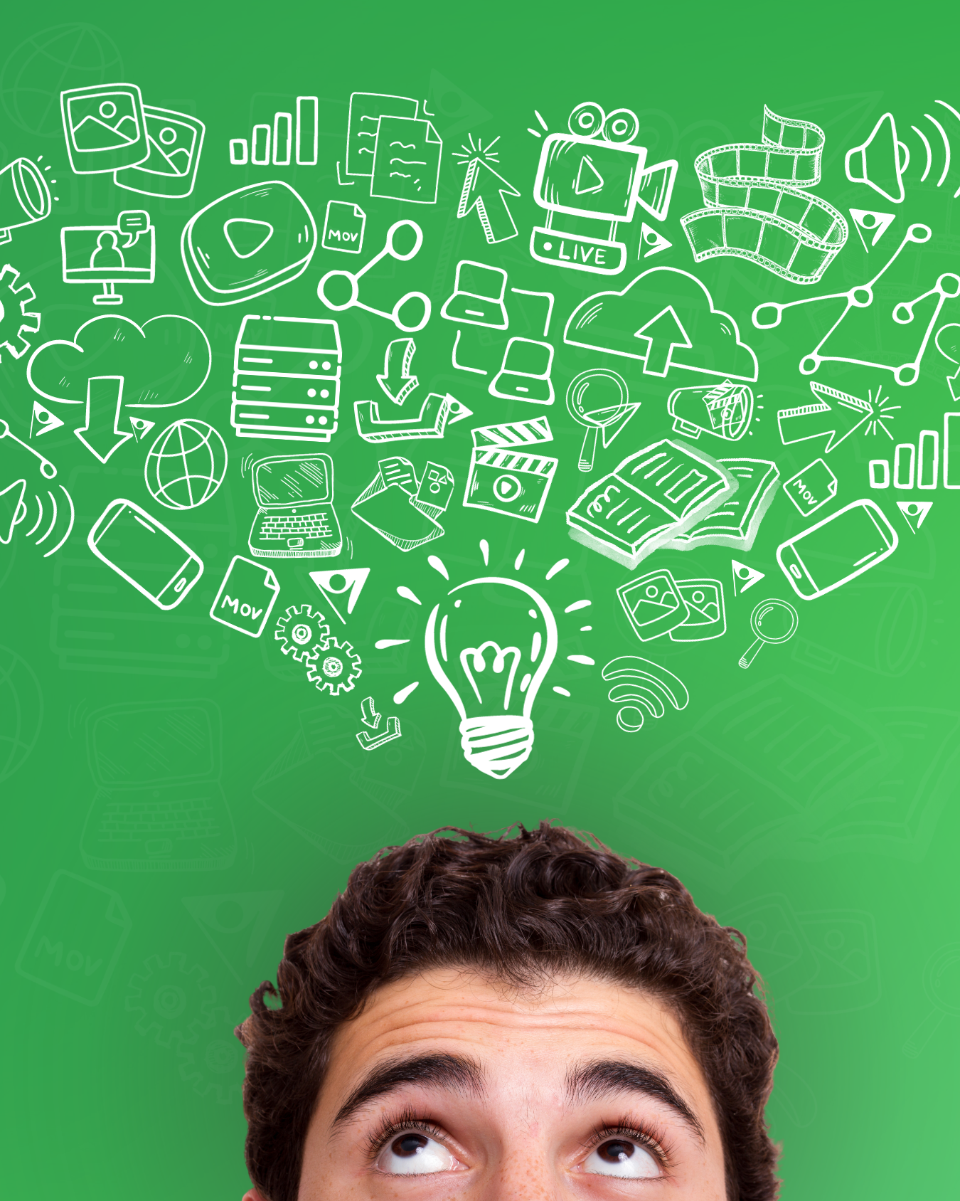 A collection of video automation components illustrations over a man's thinking head.